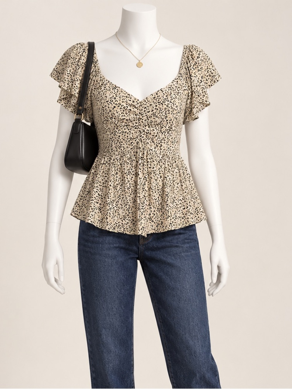 Japna Leopard Animal Print Ruched Sweetheart Flutter Sleeve Peplum Blouse M